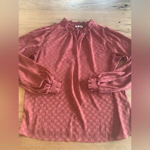 Max Studio Sheer Polka Dot Ruffle Puffed Sleeve Rust Shirt‎ Women’s L Preloved